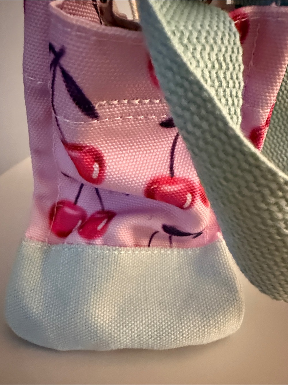NWOT Urban Outfitters Pink Cherry Mini Bag with Light Blue Handles. - Picture 3 of 5